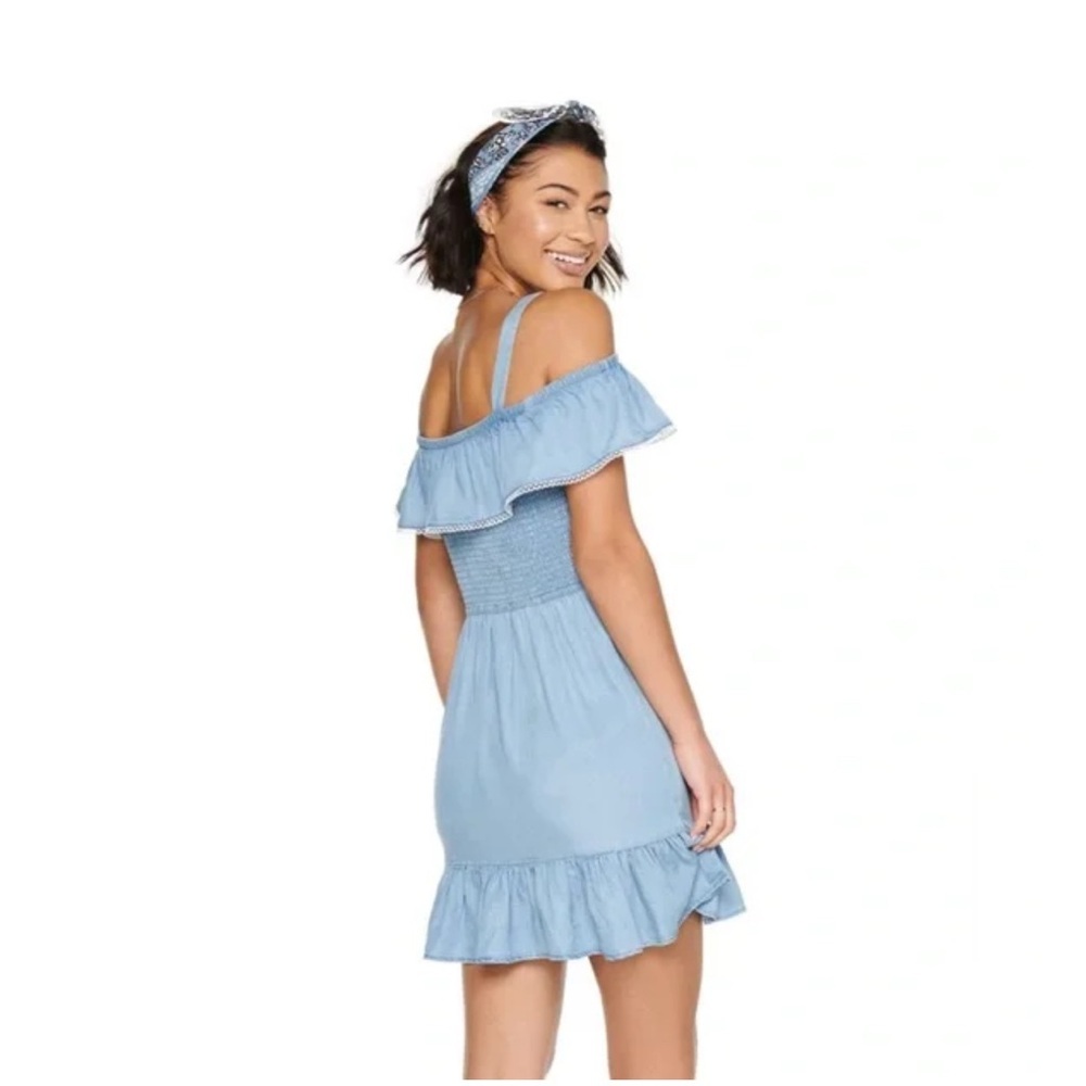 NWT SO Chambray Woven Blue Off-Shoulder Ruffle Dress